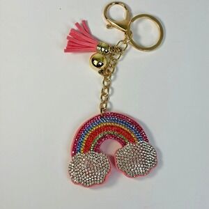 Boutique Unisex 6" Rainbow Bag Charm Keychain Rhinestone Pink Tassel Sparkly